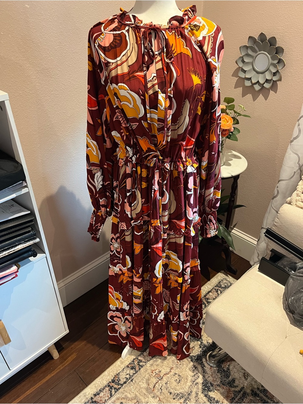 Gibson Latimer Burgundy Floral Tiered Maxi Dress with Mustard & Cream Accents